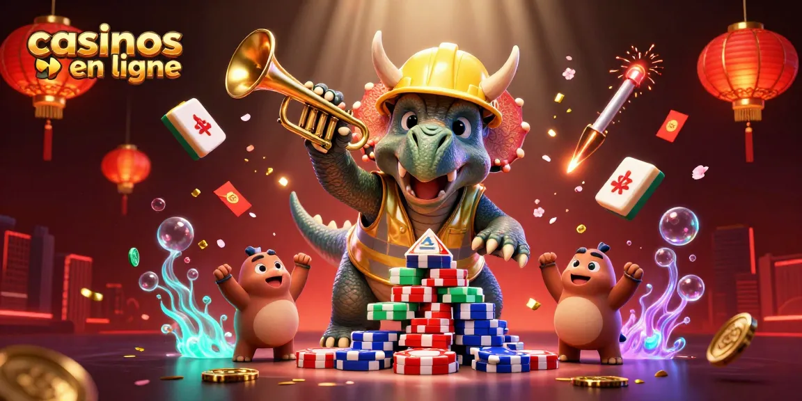 Création dynamique avec casinos en ligne, un dinosaure célébrant et des éléments de jeu animés.