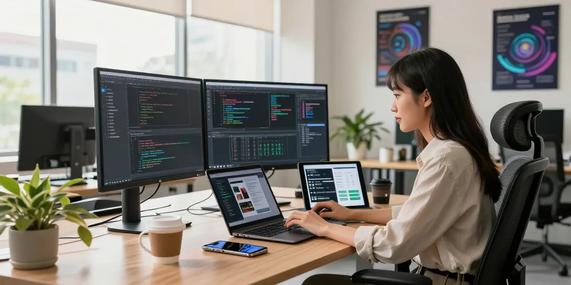 Developer working on 纸飞机中文版 project in modern office with multiple screens and tech gadgets.