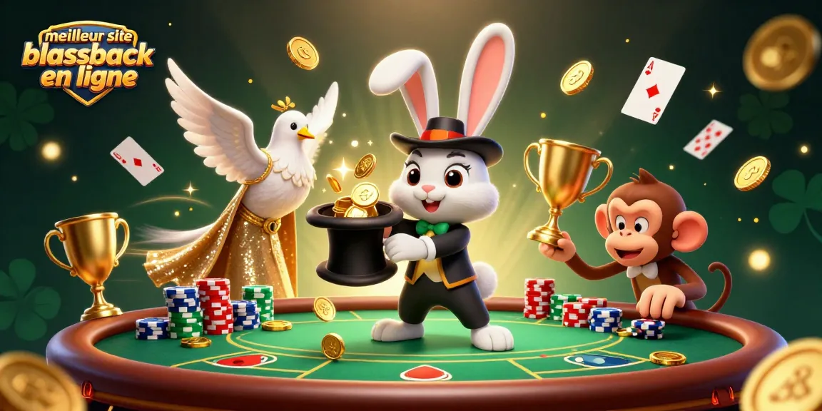 Le meilleur site blackjack en ligne propose une illustration captivante avec un lapin magicien et des éléments de poker.