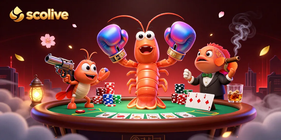 Engage in thrilling gaming moments with Socolive’s animated shrimp characters enjoying a poker showdown.