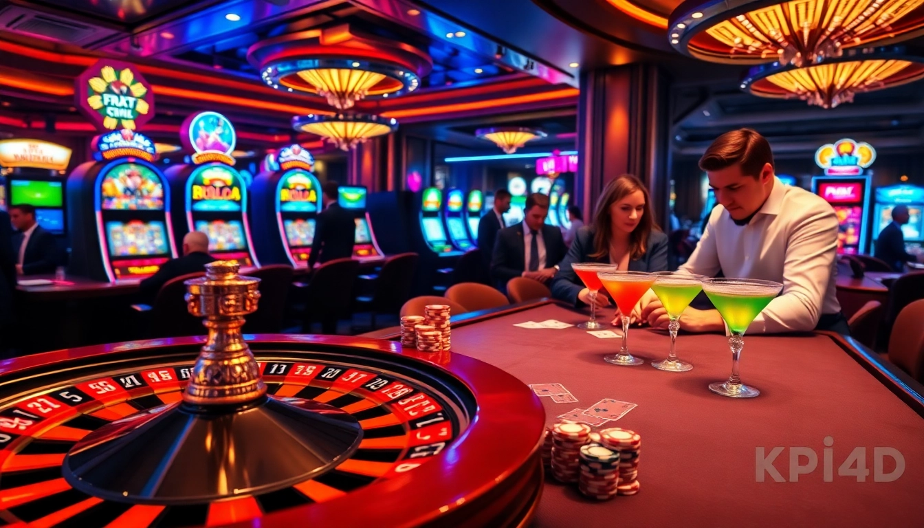 Experience high-stakes excitement at a vibrant KPI4D casino scene with roulette and poker games.