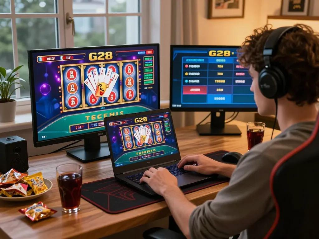 Engaging moment of a user playing G28 casino games on a laptop in a cozy environment, showcasing strategic gameplay.