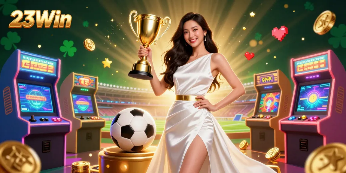 Engage in winning strategies with 23Win’s vibrant sports betting scene featuring a trophy and soccer elements.
