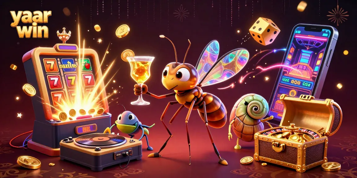 Engage with yaar win at a dynamic casino scene featuring a golden roulette wheel and vibrant slot machine.