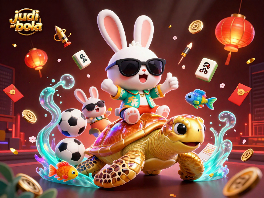Desain ilustrasi 3D judi bola yang menampilkan kelinci beruntung dan kura-kura emas dalam aksi taruhan olahraga.