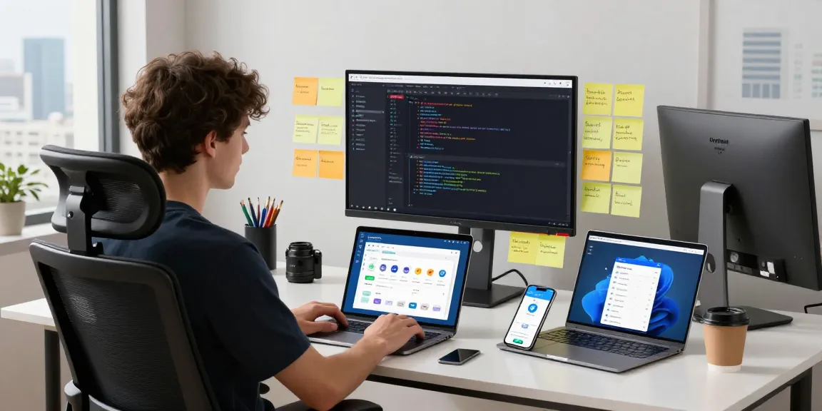 Developer optimizing telegram中文 app features in a bright workspace, showcasing coding and design elements