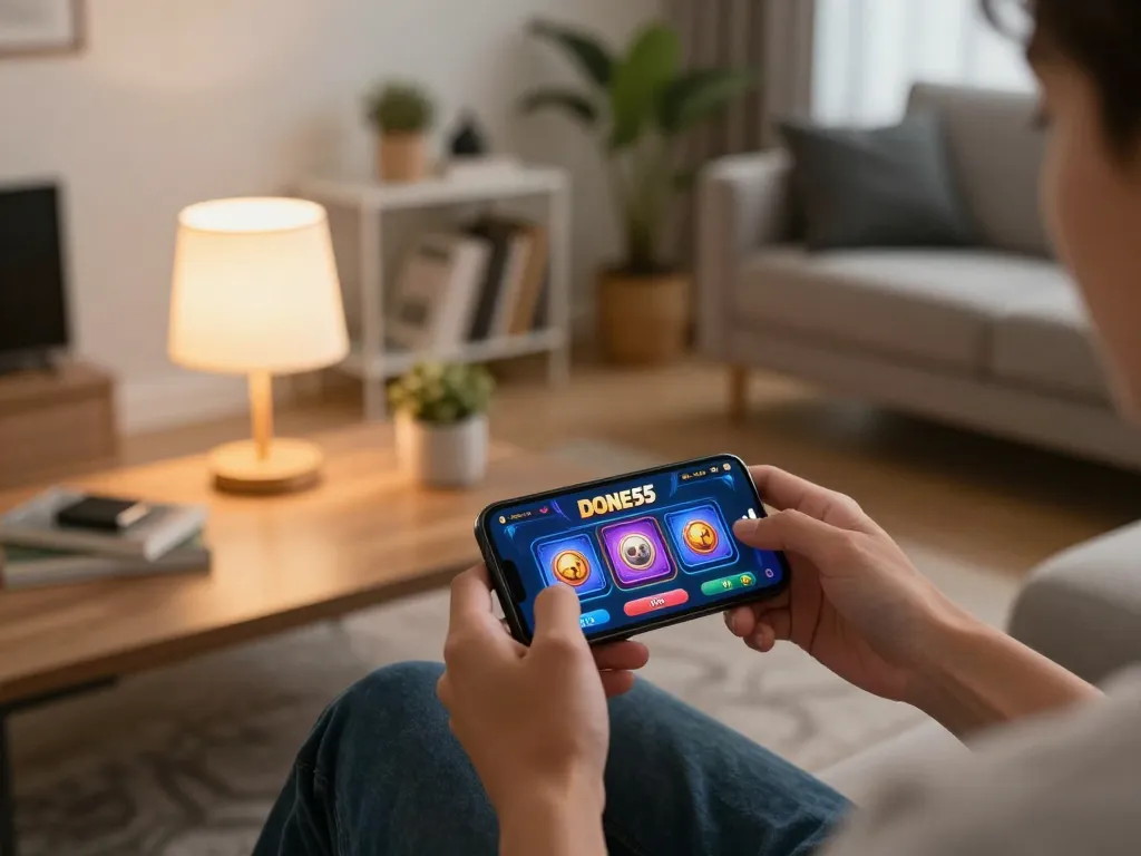 Player enjoying the done55 mobile app for casino gaming in a cozy home setting with warm lighting.
