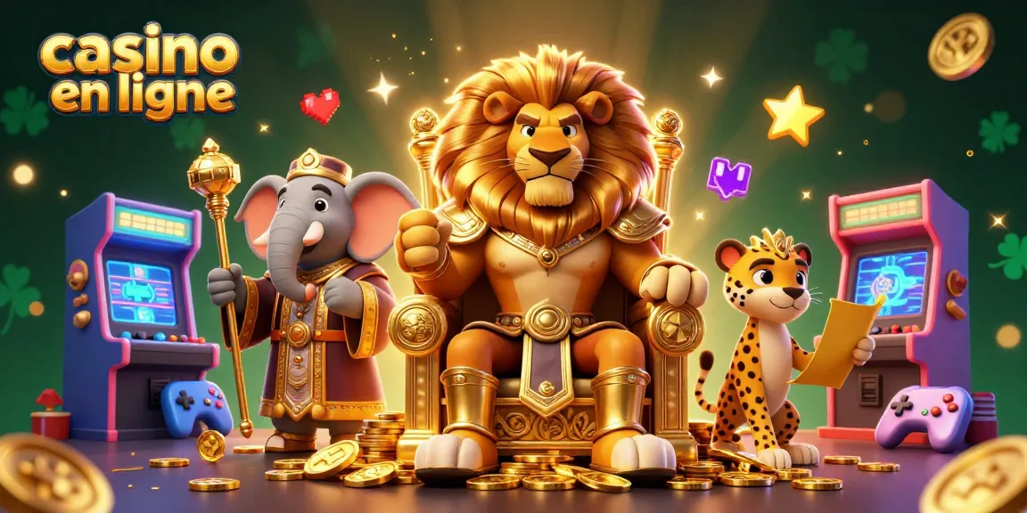 Visitez le casino en ligne pour une expérience immersive avec des machines à sous colorées et un roi lion majestueux.