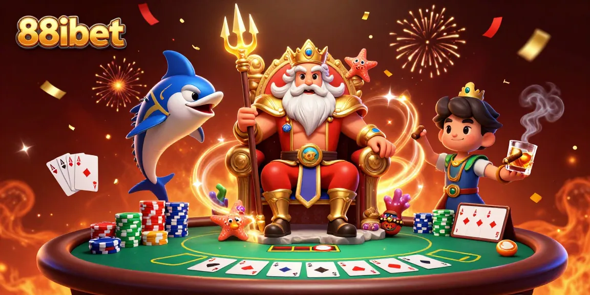 Experience thrilling gameplay at 88ibet with Neptune and a poker showdown surrounded by vibrant casino elements.