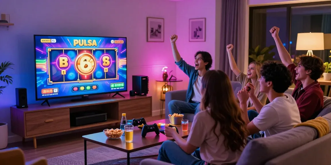 Friends enjoying a slot pulsa game night in a lively living room setting.
