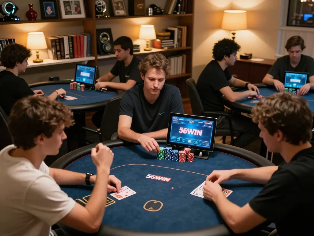 Engaged players at home utilizing the 56WIN platform for online poker strategy and gameplay.