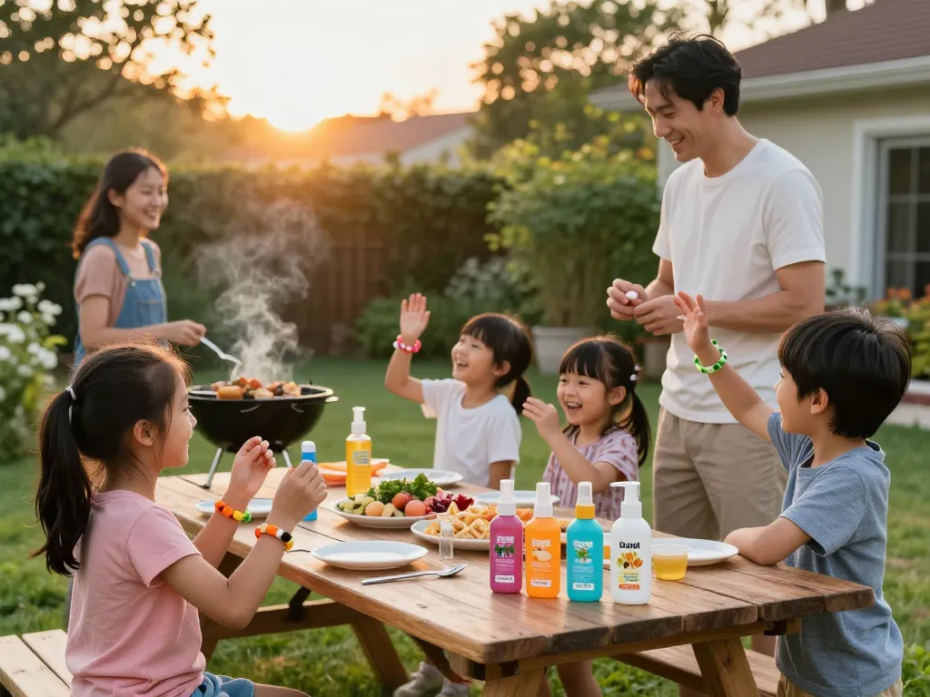 Family enjoying a backyard barbecue while using mosquito repellent products for outdoor protection.
