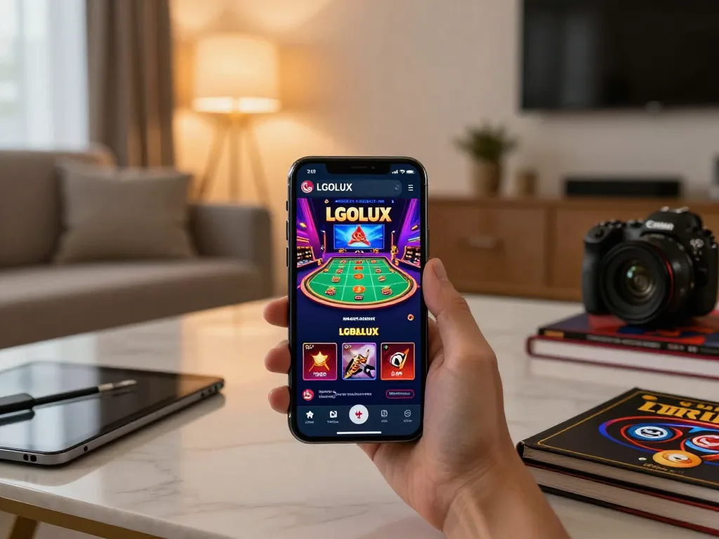 Engaging gameplay experience on LGOLUX app in stylish home setting, promoting responsible gambling.