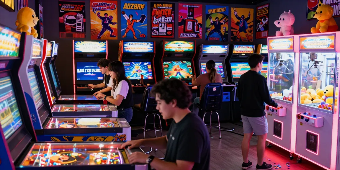 Friends enjoying arcade games in a lively entertainment center filled with neon lights and classic games.