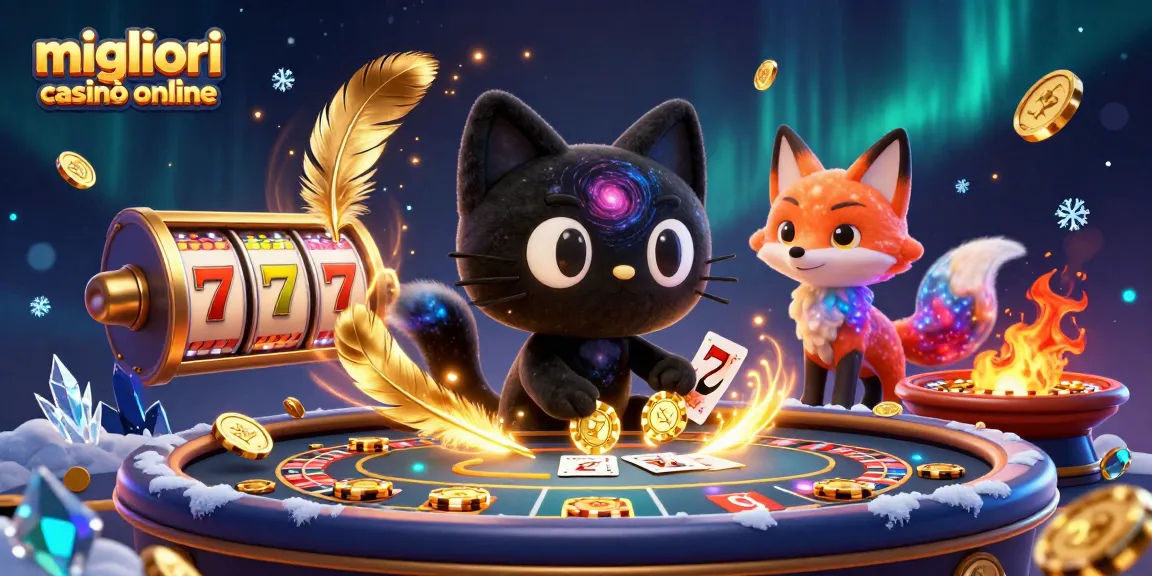 Immagine della scena "migliori casinò online" con gatti e volpi, slot e roulette vibranti.