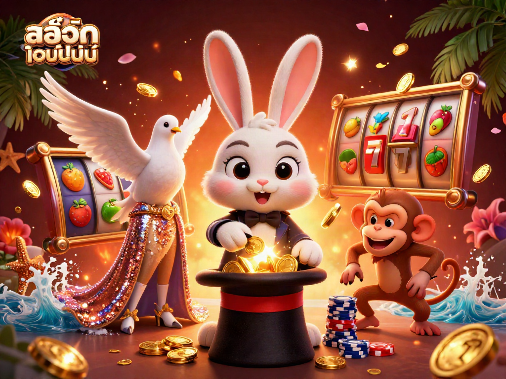 Spin the reels of สล็อตออนไลน์ with cartoon characters celebrating a jackpot of coins and vibrant casino elements.