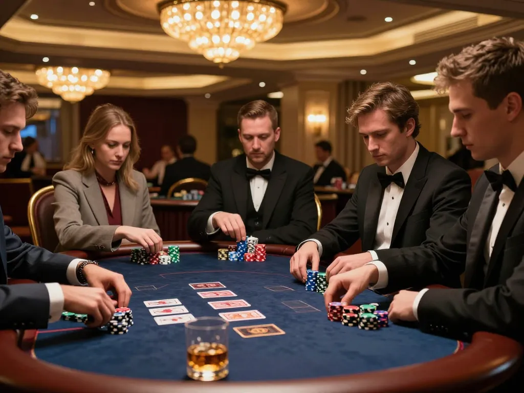 Players engaging in a strategic poker game in a luxury casino setting with mb88 branding