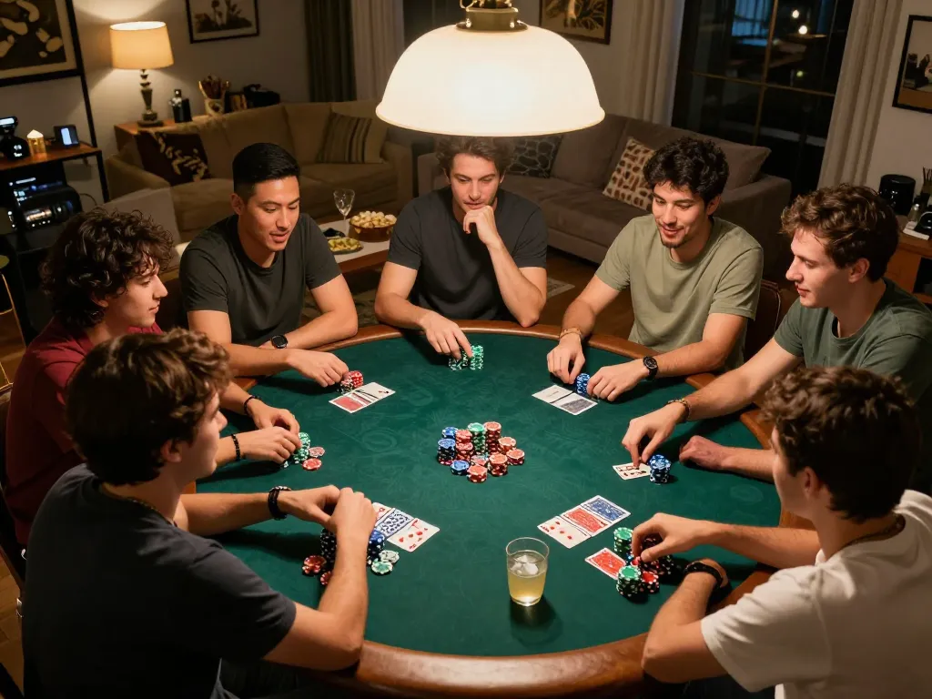 Friends playing poker at home with colorful chips and cards, showcasing the lively spirit of u888 gaming.
