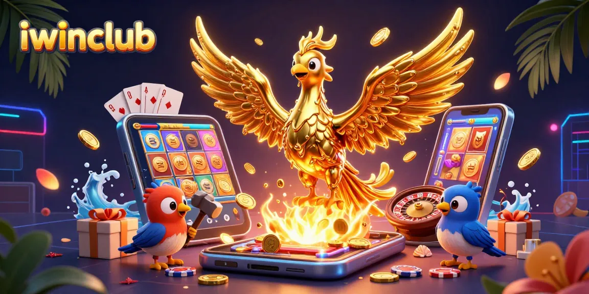 Engage with iwinclub's thrilling gaming world featuring a molten phoenix, dynamic slot elements, and casino excitement.
