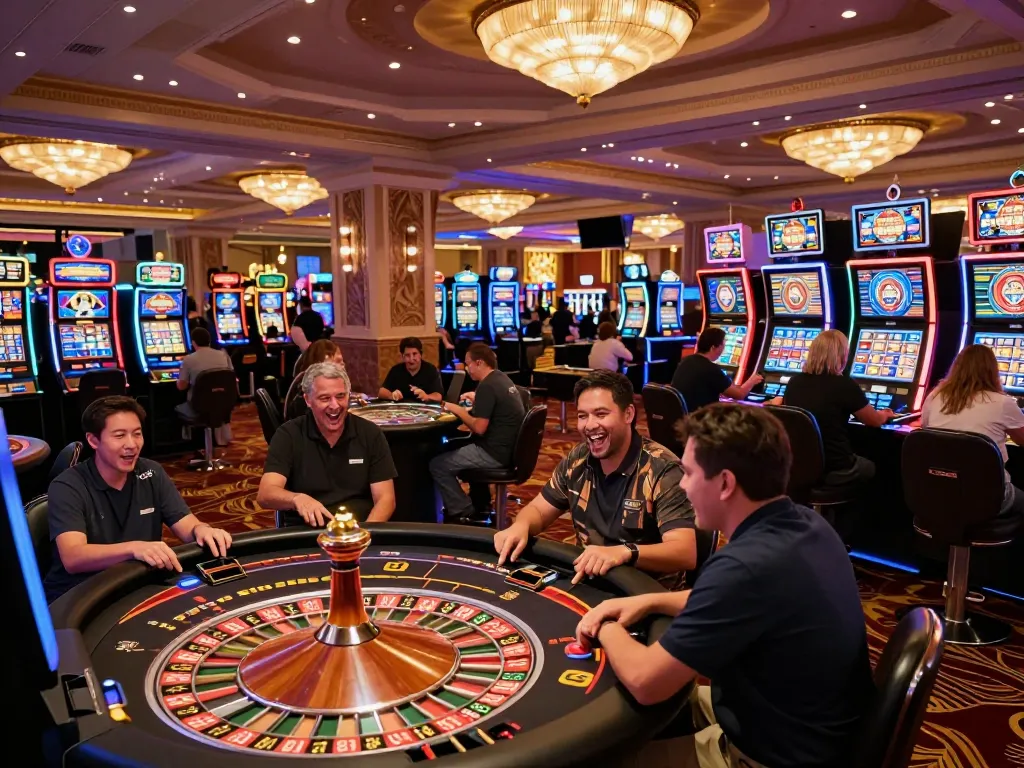 XIBET players engaging in roulette action at an elegant casino floor, vibrant lights and excitement.
