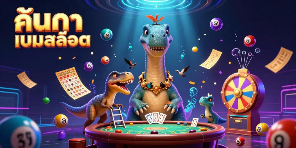 Engage with ค้นหาเกมสล็อต as a dynamic 3D illustration showcasing Tall Brontosaurus and Clever Raptor in a vibrant casino environment.