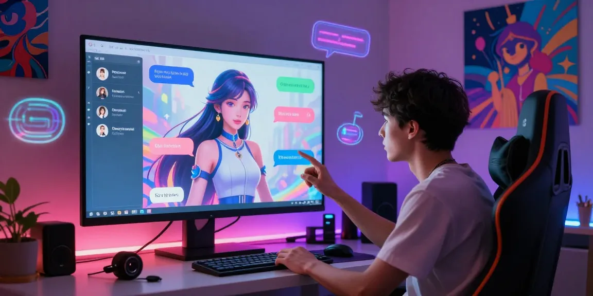 Passionate interaction with an AI NSFW chat character in a cozy digital environment, highlighting vibrant visuals and playful messages.