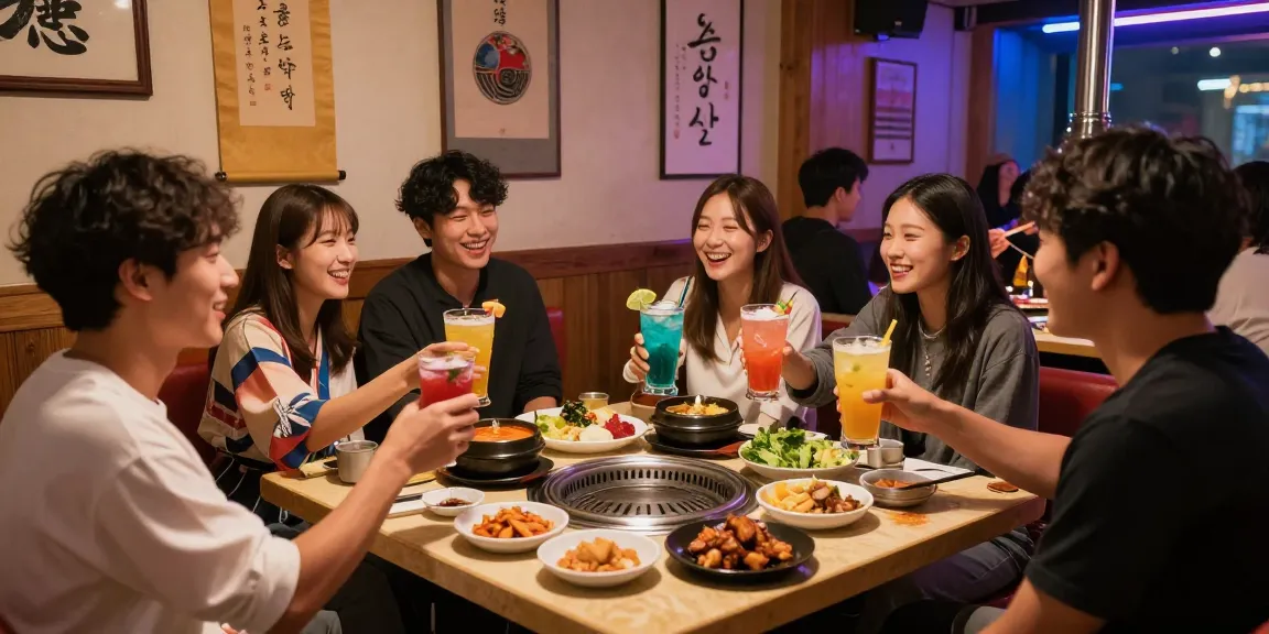Friends dining and celebrating at 상봉동 한국관나이트, enjoying drinks and Korean BBQ.