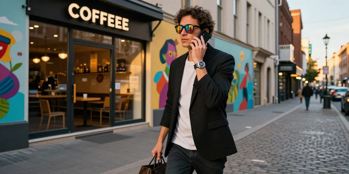 Stylish individual showcasing a replica watch in a vibrant urban setting.
