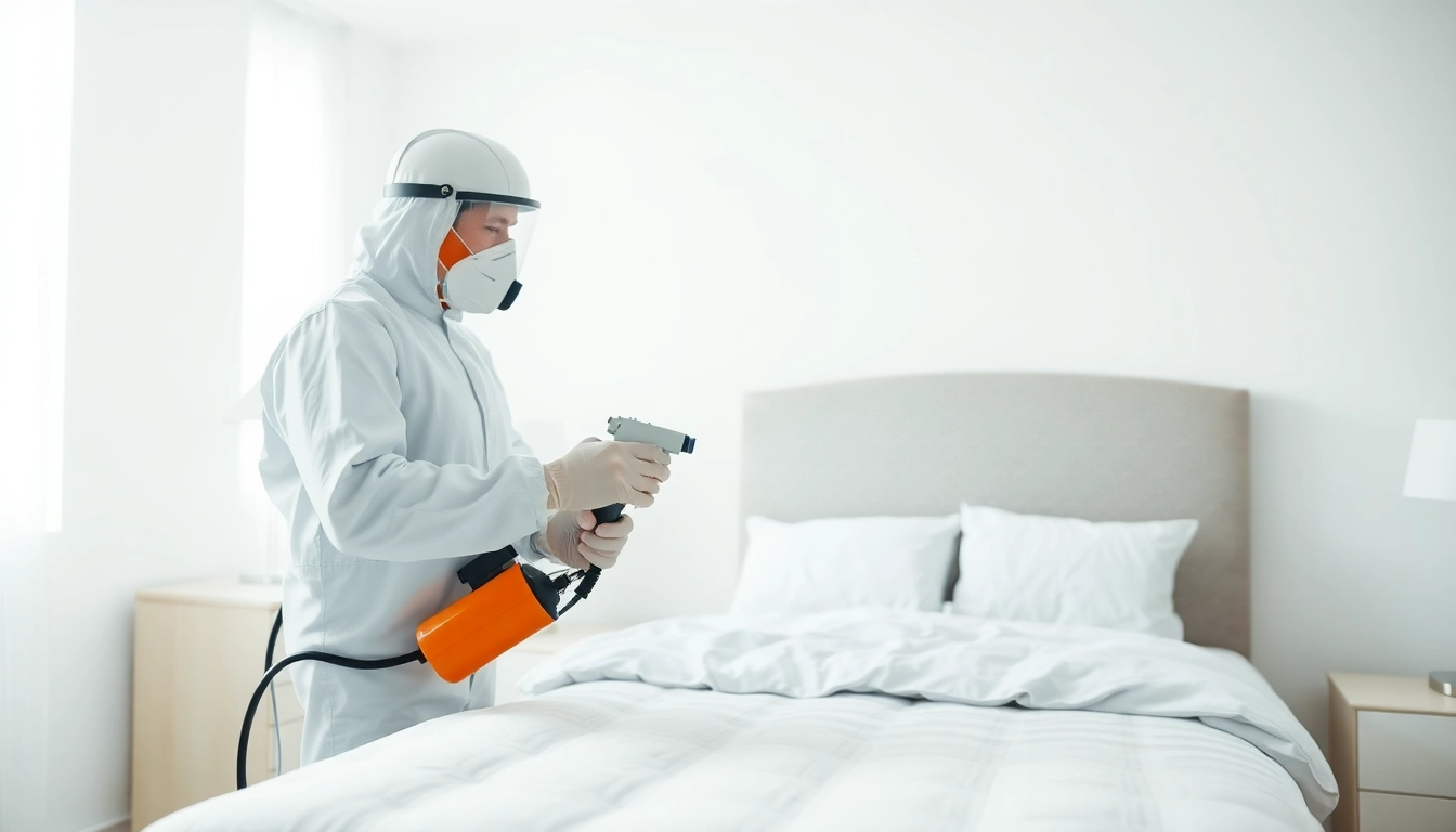 Applying bed bug chemical treatment by a professional in a clean room