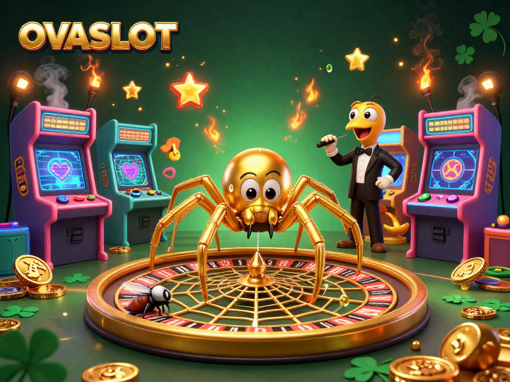 Experience the vibrant energy of OVASLOT with a golden roulette web, exciting gameplay elements, and captivating characters.