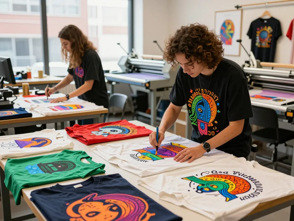 Vibrant custom t-shirt printing scene at Luminous Printing showcasing colorful designs and modern equipment.