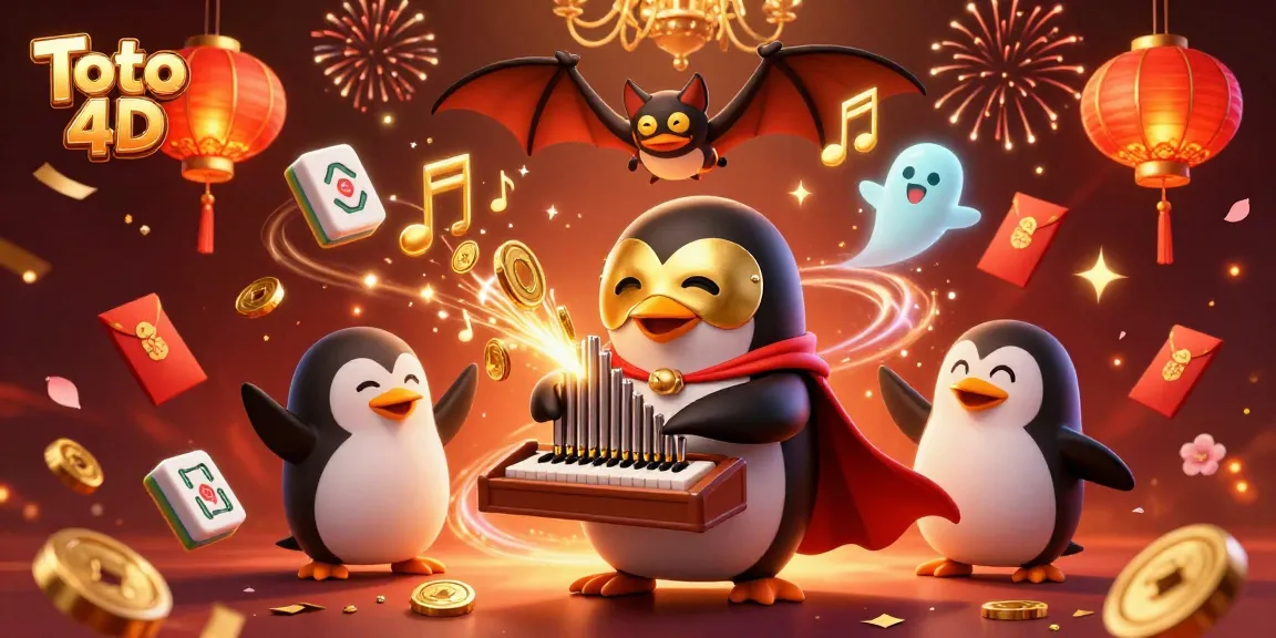 Engage with Toto 4D gaming as a penguin plays a golden pipe organ amidst festive casino elements.