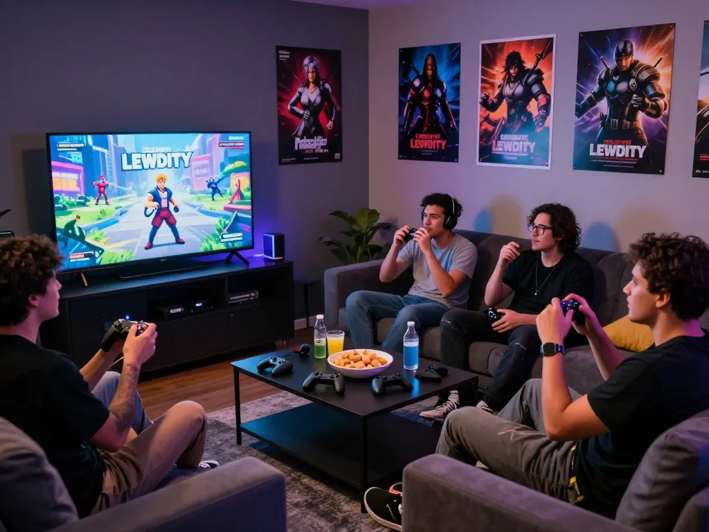 Diverse friends enjoying Degrees of Lewdity in an inviting adult gaming lounge with vibrant atmosphere.
