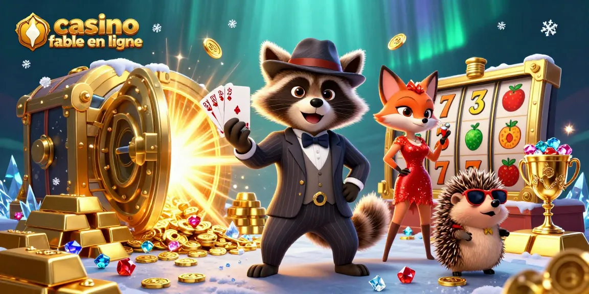 Gagnez au casino fiable en ligne avec cette illustration dynamique en 3D d'un raton laveur élégant et de ses amis.
