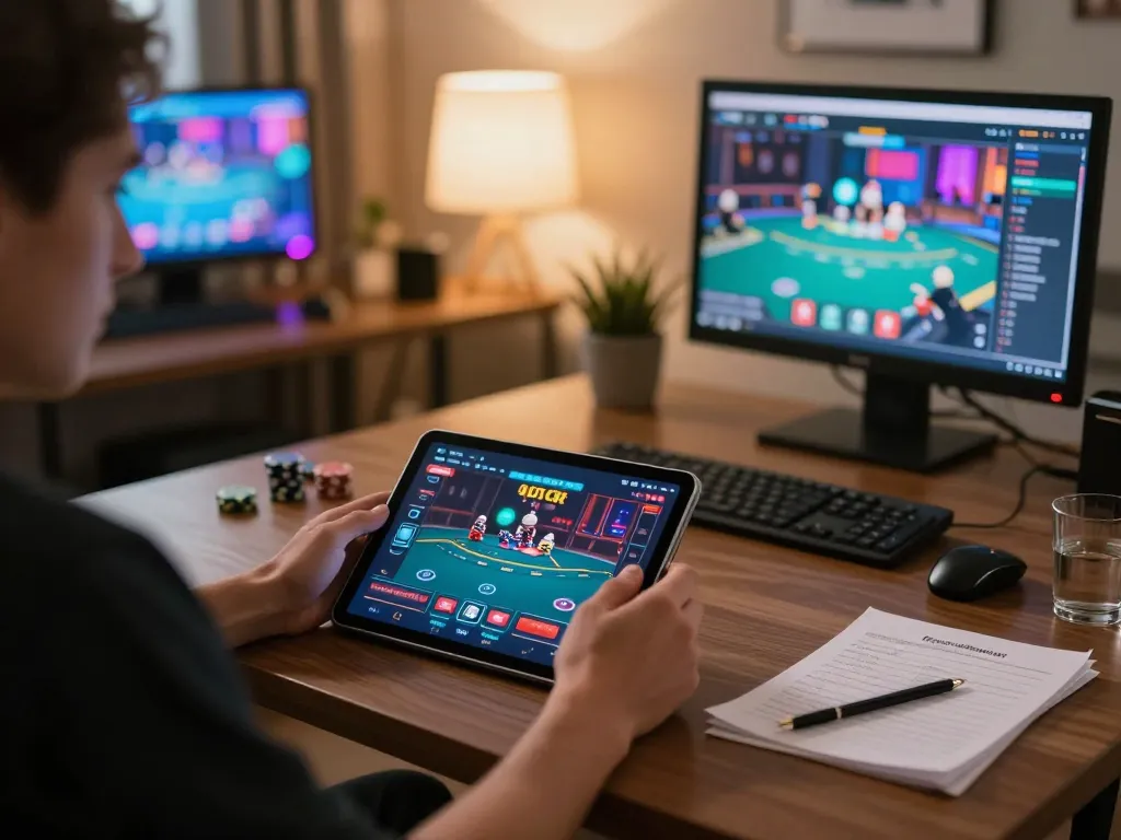 Player enjoying online poker on tablet, showcasing 88i gaming interface with strategy notes