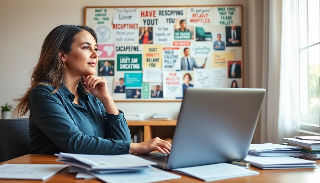 Find my true calling with a woman exploring career options amidst inspiring quotes and warm lighting.