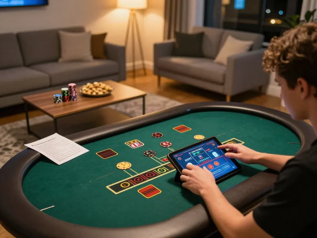 Engaged player at home enjoying online gaming at migliori casino europei online table with strategic elements