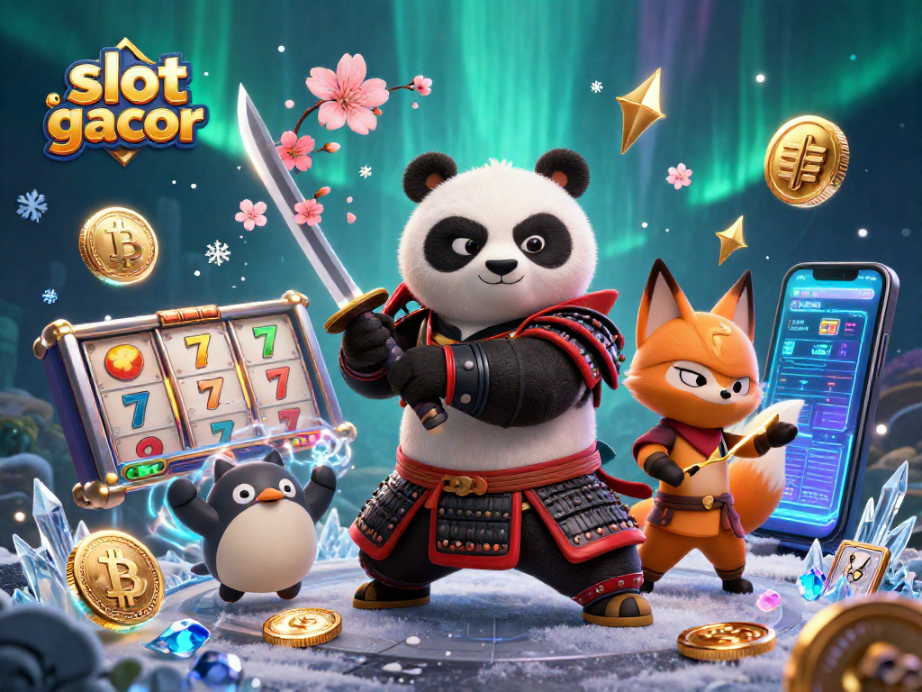 Experience the thrill of slot gacor with samurai panda, ninja fox, and magical tanuki in a vibrant 3D casino scene.