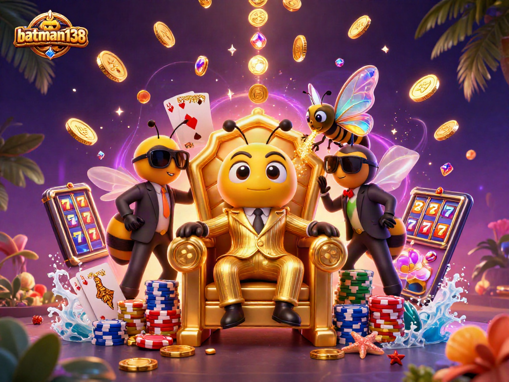 Menangkan di batman138 dengan ilustrasi kunci slot, chip poker, dan karakter kartun di kasino.