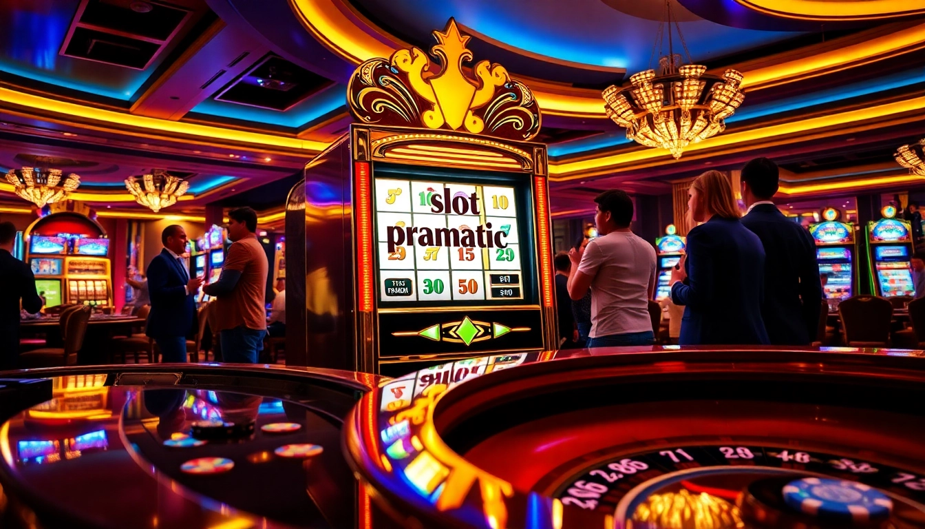 Players enjoying the slot pragmatic excitement at a luxurious casino with vibrant slot machines.