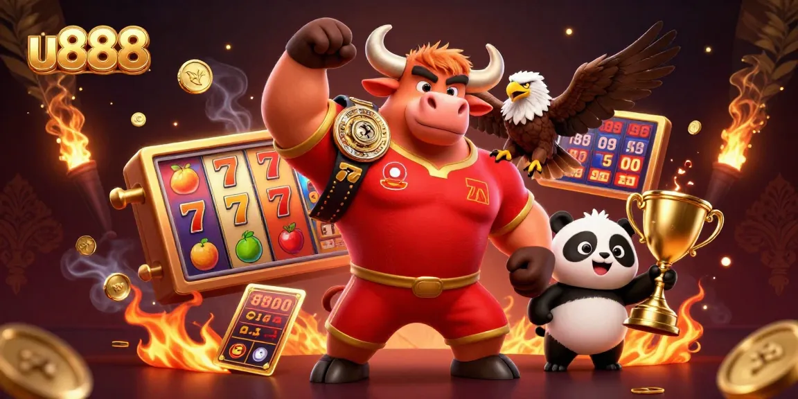 u888 showcases a victorious bull mascot and friends celebrating casino wins with lively slot game elements.
