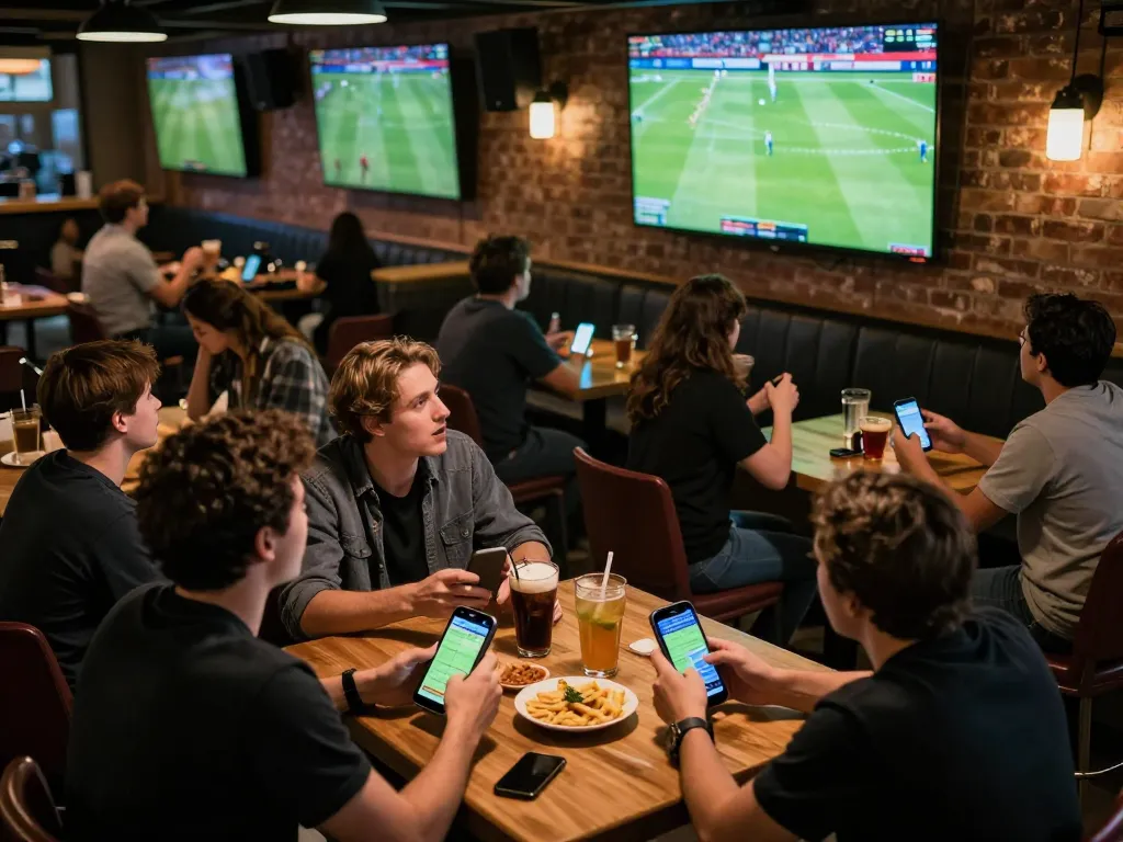 Kết Quả Bóng Đá displayed on screens while fans react to live sports betting in a busy sports bar.