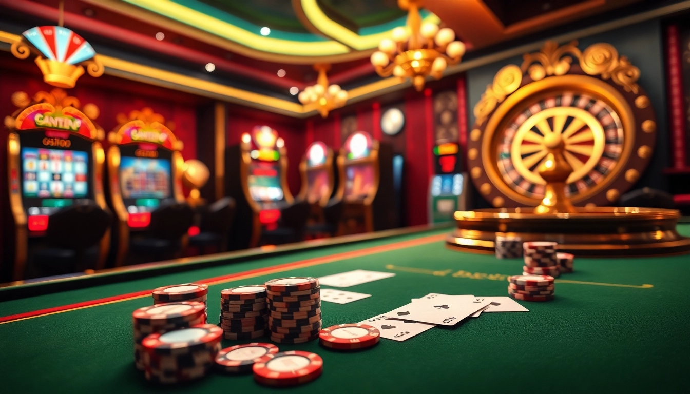 Vivez des moments de jeu exaltants dans un casino en ligne Français avec des jetons de poker et des cartes vibrants.