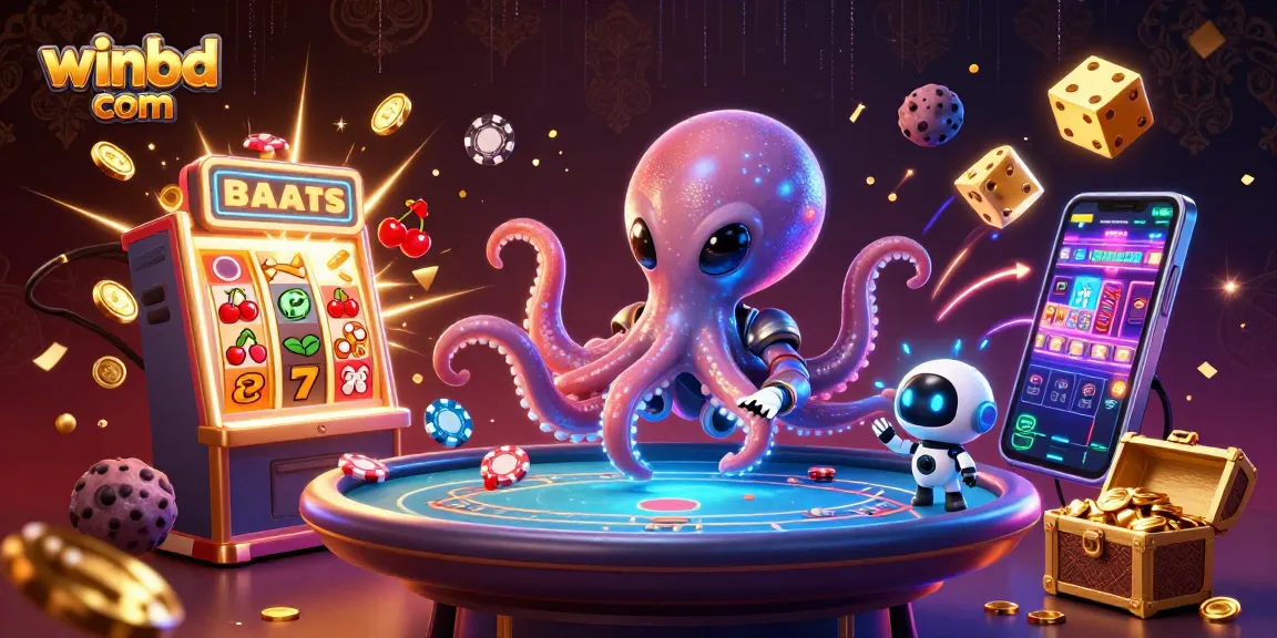 Experience vibrant gaming action with winbd com, where an alien octopus navigates a cosmic casino adventure surrounded by jackpots.