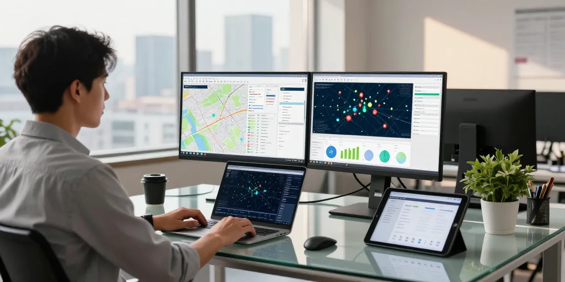 Data analyst utilizing geosearchly for geospatial insights in a modern office.