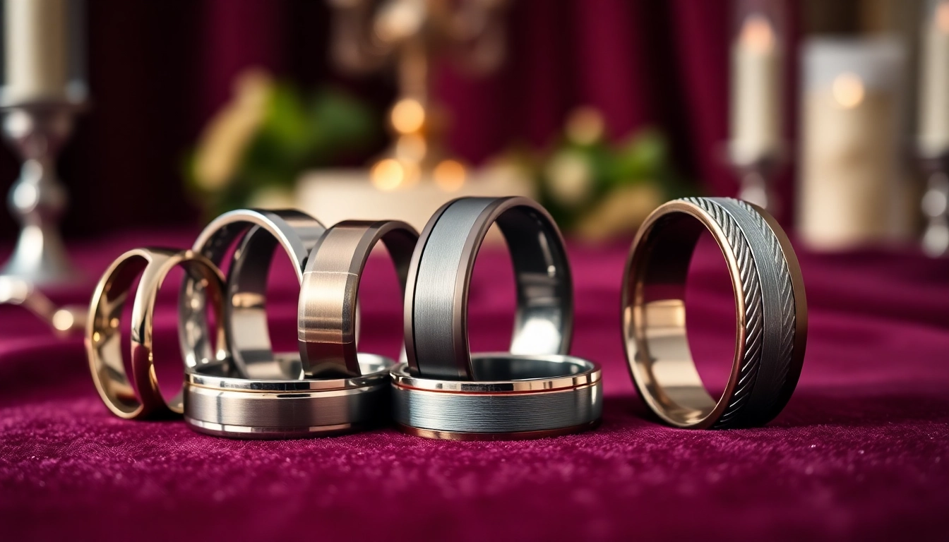 Showcase of tungsten wedding bands highlighting unique designs on a velvet background.