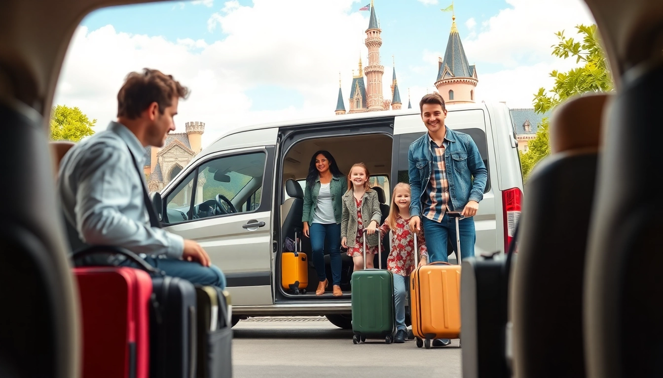 Family happily arriving at Disneyland Paris from Beauvais Airport to Disney Transfer.