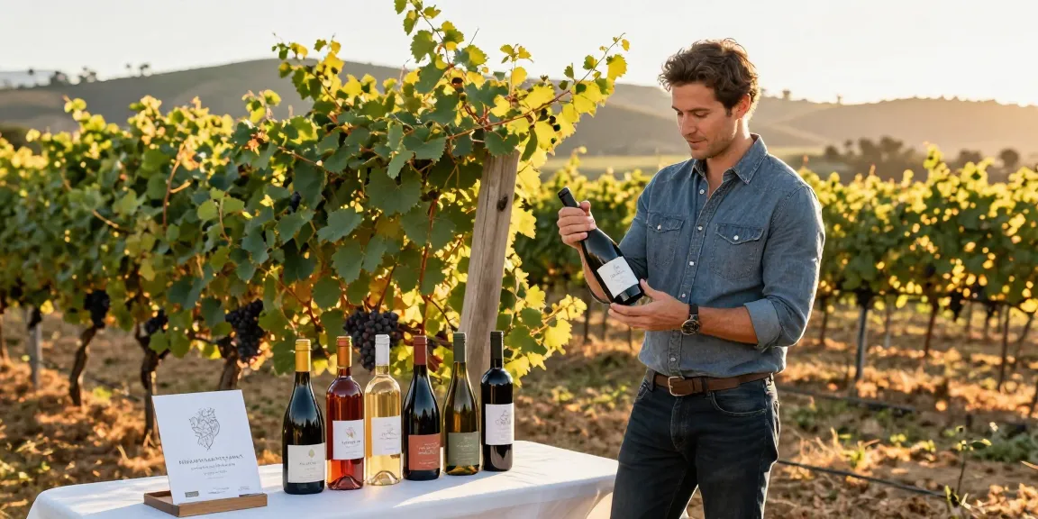 Entrepreneur exploring white label wine options in Temecula vineyard, showcasing custom bottles and vibrant grapes.