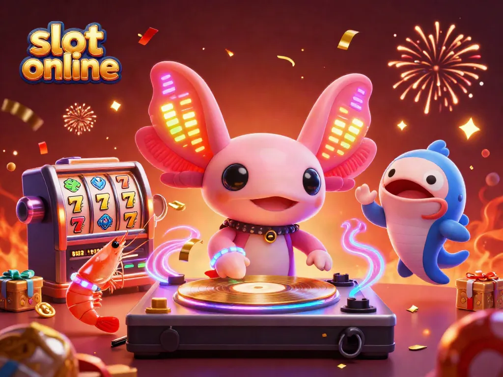 Play exciting slot online with a vibrant illustration of a DJ axolotl, dancing shrimp, and a hype-man blowfish.