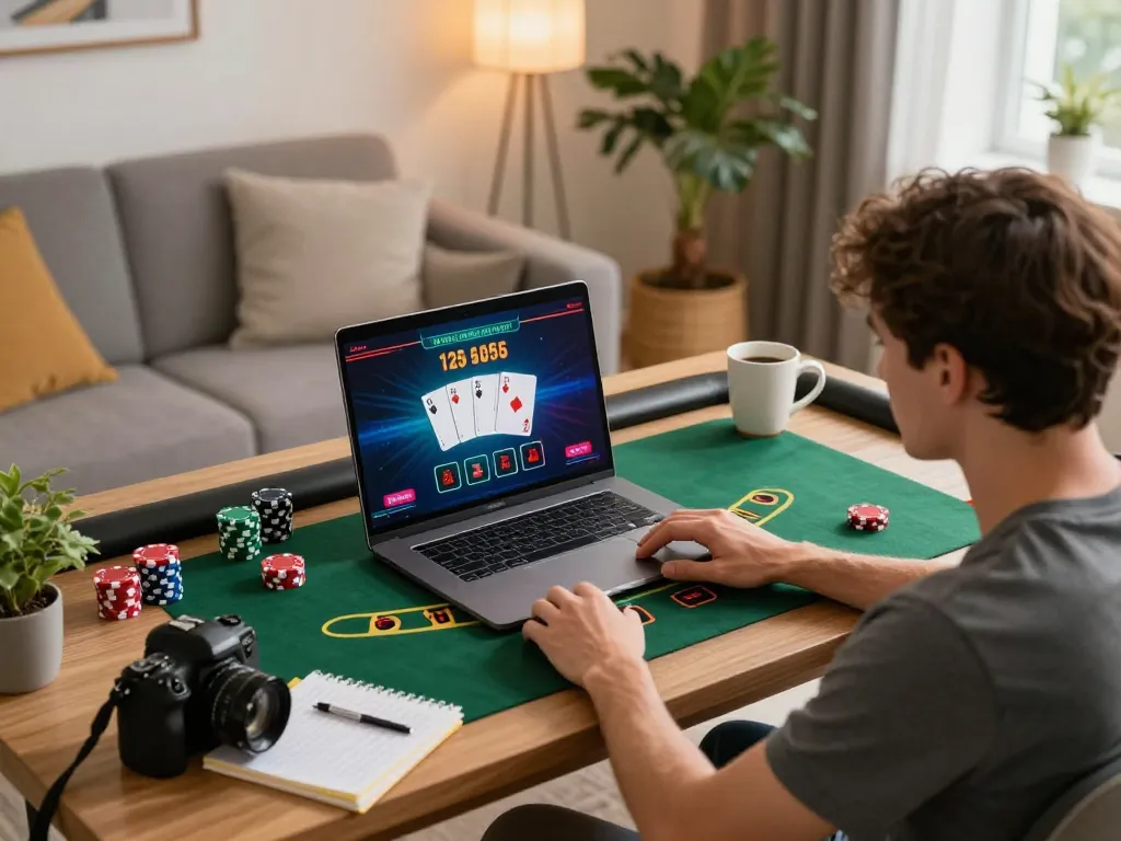 Engaged player enjoying MAX88 blackjack on a laptop, showcasing strategic gameplay environment.